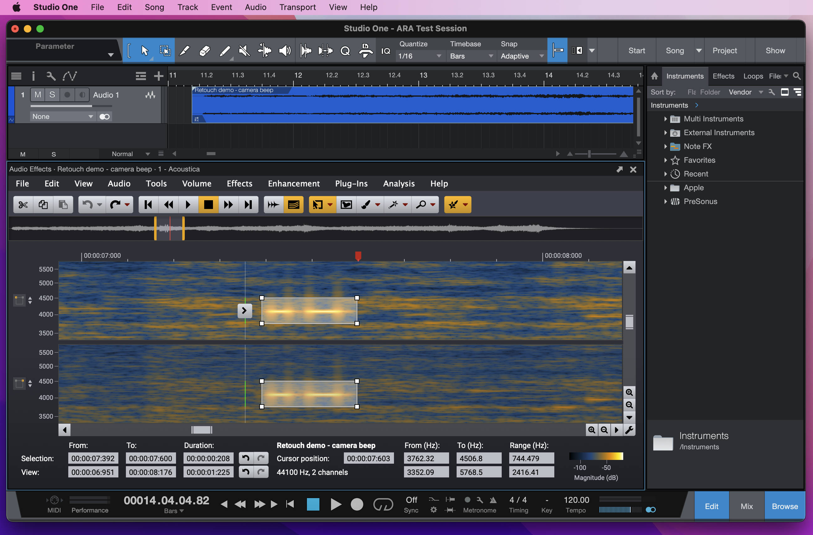 Acoustica 7.4 running as an ARA2 plug-in inside Studio One 5 by PreSonus